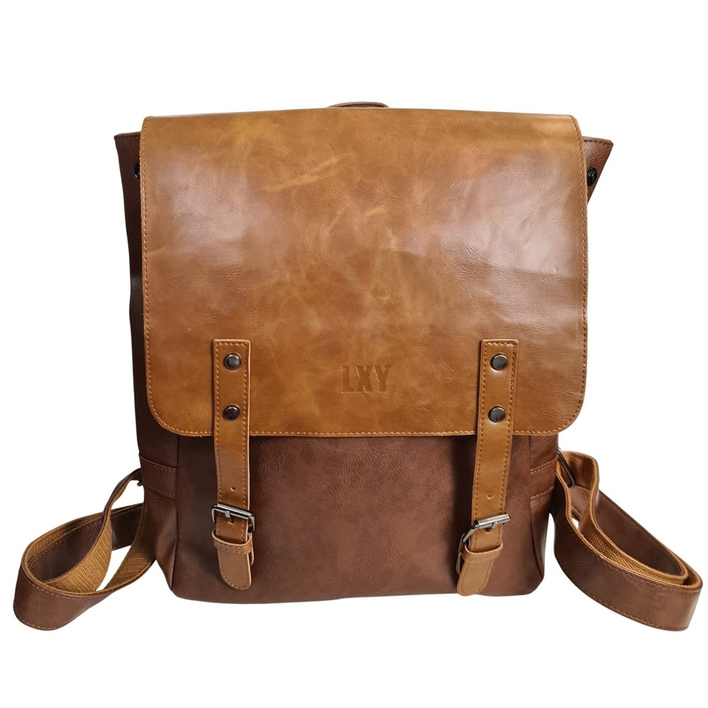 LXY Brown Faux Leather Vintage Style Backpack Two Tone School Travel Bag 
Urban